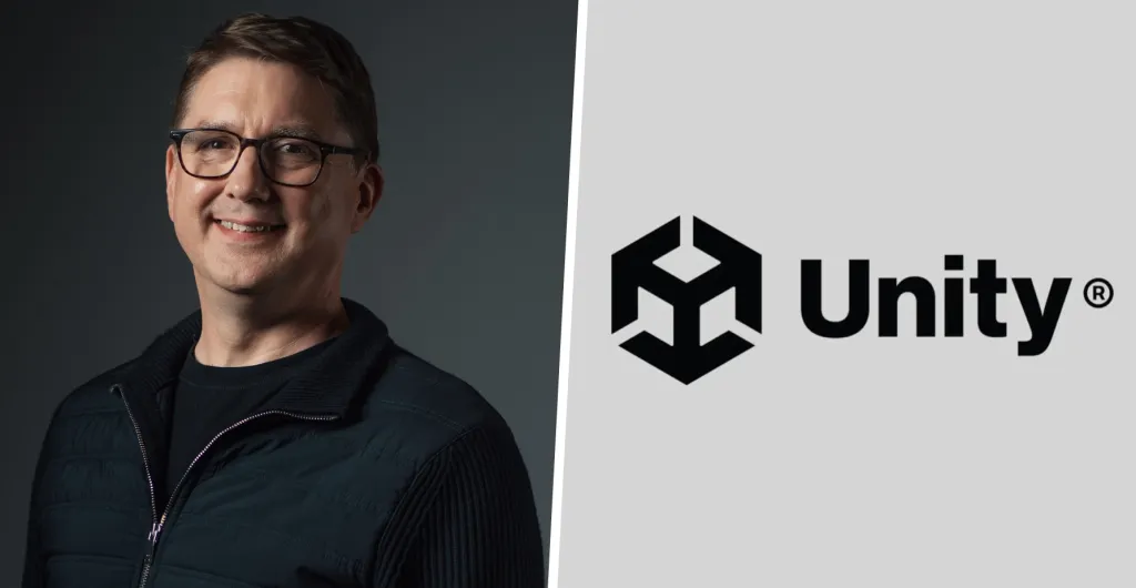 Steve Collins, CTO Unity, di kiri, dan logo Unity di kanan.